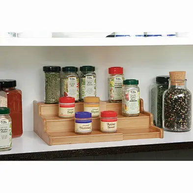 Spice Rack Step Shelf , 3-Tier Expandable Bamboo Organizer