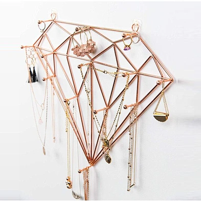 Hanging Jewelry Wall Organizer Large Jewelry Hooks Diamond shaped Rose Gold Jewelry Organizer for Necklaces Bracelets Earrings