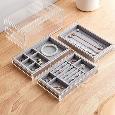 3 Drawers Acrylic Jewelry Box Velvet Jewellery Organizer Earring Rings Necklaces Bracelets Display Case Gift for Women, Girls