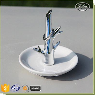 Customized cute ceramic jewelry display ring tray with silver bird