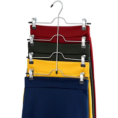 (Set of 3) Space Saving 4 Tier Trouser Skirt Hanger, Sturdy Chrome Non Slip Black Vinyl Clips, Multi Pants Hanger
