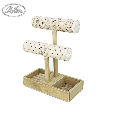Double layer T shaped  wood jewelry necklace bracelet display stand