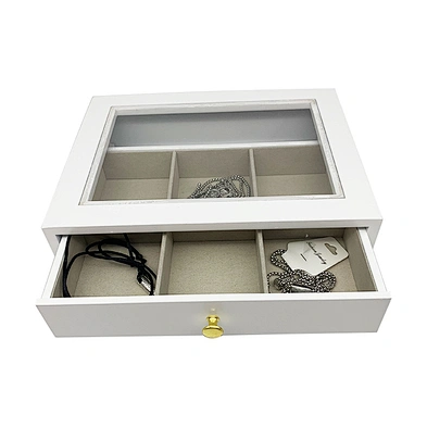 White 3 layer drawer style sundries storage box wood desktop organizer with glass top