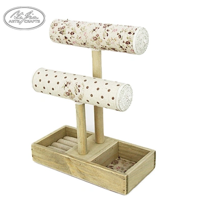 Double layer T shaped  wood jewelry necklace bracelet display stand