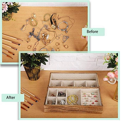 Carbonized Black Double Jewelry Tray with Lid Rustic Wood Necklace Bracelet Ring Jewelry Organizer Box With 2 Stackable Layers