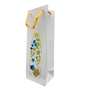 Customized eco friendly glitter wine kraft paper bag hot stamping wine bottle bag with ribbon handle