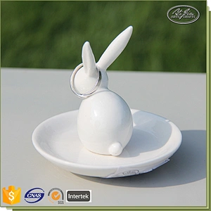 Miniature figurine white rabbit shape ceramic ring holders for jewelry