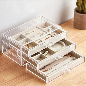 3 Drawers Acrylic Jewelry Box Velvet Jewellery Organizer Earring Rings Necklaces Bracelets Display Case Gift for Women, Girls