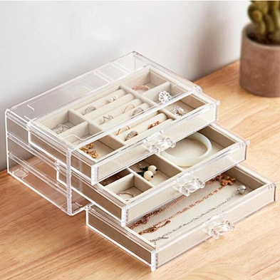 3 Drawers Acrylic Jewelry Box Velvet Jewellery Organizer Earring Rings Necklaces Bracelets Display Case Gift for Women, Girls