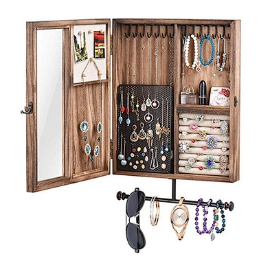 Large Space Jewelry Cabinet Holder Rustic Wood Wall Mounted Jewelry Organizer For Necklaces Earrings Bracelets Ring Holder