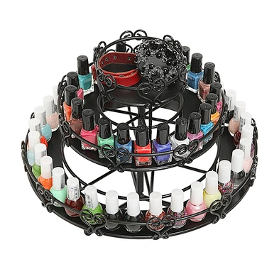 Black metal 3-tier rotating cosmetic nail polish organizer rack