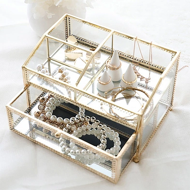 Princess European Jewelry Box Luxury Jewelry Organizer 2 Layer Drawer Metal Glass Jewelry Storage Box