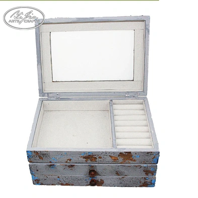 Customized double layer glass lid white wooden jewelry display box with drawer