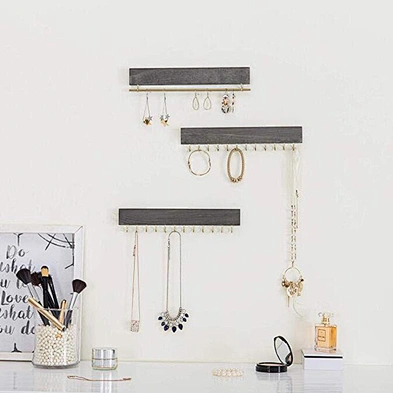 Vintage Style Gray Wood 3-Piece Wall-Mounted Jewelry Rack Set