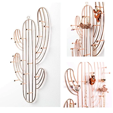 Customized cactus shaped gold wall mounted jewelry organizer for necklaces bracelets earrings