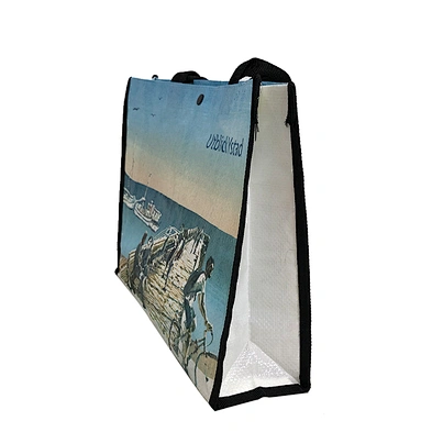 Customized printing recycle pp woven shopping bag with ribbon handle