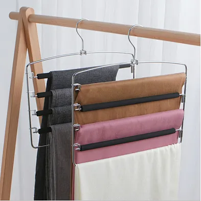 Pants Hangers Space Saver Metal Stainless Slacks Hanger Foam Padded 5 Layers Non-Slip Swing Arms Closet Storage Organizer