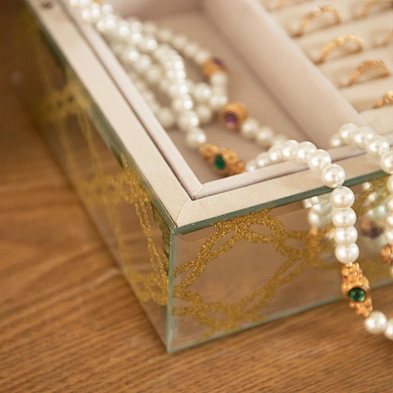 Rectangle Gold Stripe Luxury Love Mirror Glass Jewelry Box With Velvet Inside