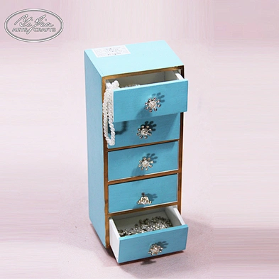 Mini decorative blue 5 drawers fashioned wooden jewelry box