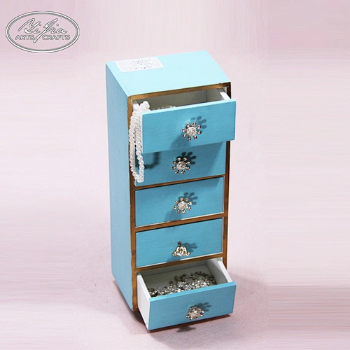 Mini decorative blue 5 drawers fashioned wooden jewelry box