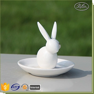 Miniature figurine white rabbit shape ceramic ring holders for jewelry