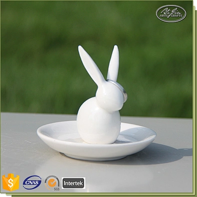 Miniature figurine white rabbit shape ceramic ring holders for jewelry