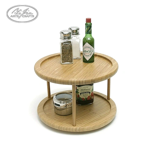 Bamboo wood 2-Tier turntable, kitchen solid bamboo shelf