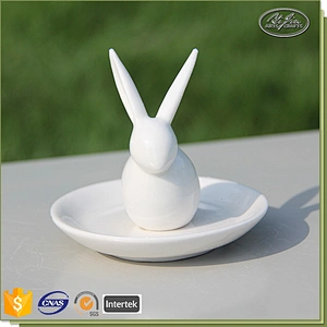 Miniature figurine white rabbit shape ceramic ring holders for jewelry