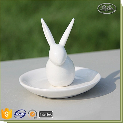 Miniature figurine white rabbit shape ceramic ring holders for jewelry