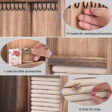 Large Space Jewelry Cabinet Holder Rustic Wood Wall Mounted Jewelry Organizer For Necklaces Earrings Bracelets Ring Holder