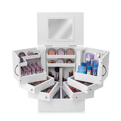 Wholesale white 3 layers tabletop wood cosmetic makeup storage box with mirror