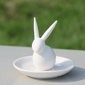 Miniature figurine white rabbit shape ceramic ring holders for jewelry
