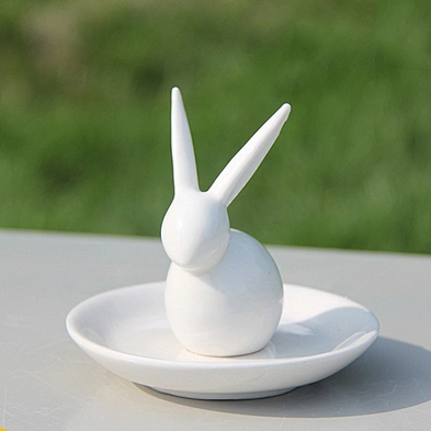 Miniature figurine white rabbit shape ceramic ring holders for jewelry
