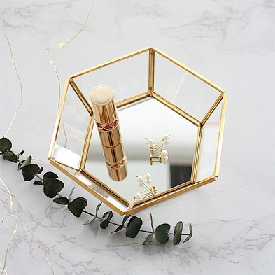 Hexagonal Metal Jewelry Glass Ring Holder Tray With Golden Finishing & Mirror Base