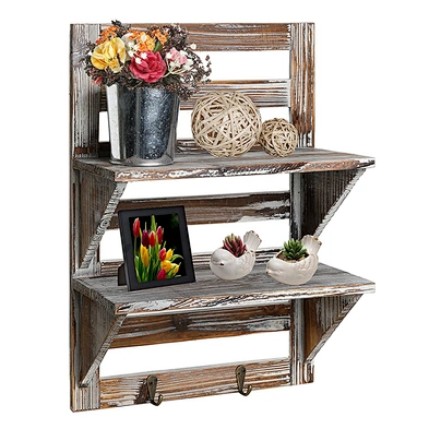 Brown Rustic Wood 2 Hooks 2-Tier Storage Rack Wall Mounted Organizer With Key Rack