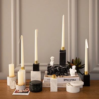 Home Decor White Black Marble Candle Holder Geometric Pillar Marble Handicraft Tabletop Candle Holder with Brass Accents