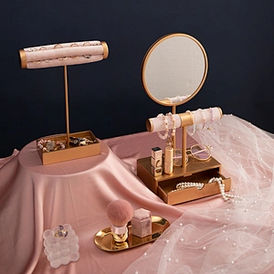 Home Decor Fashion Vintage Round Makeup Cosmetic Vanity Mirror With Jewelry Storage Box Pink T-Shaped Bracelet Holder