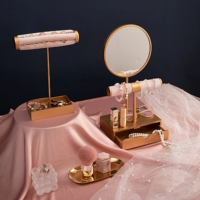 Home Decor Fashion Vintage Round Makeup Cosmetic Vanity Mirror With Jewelry Storage Box Pink T-Shaped Bracelet Holder