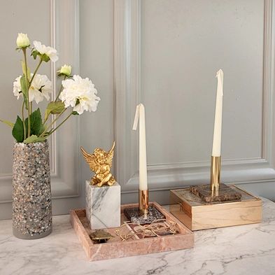 Classic Style Colorful Marble Candle Stand Candlestick Pillar Candle Holders With Brass Accents