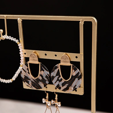 2-Tier Metal Gold Earring Necklace Bracelet Jewelry Organizer Stand with wooden base