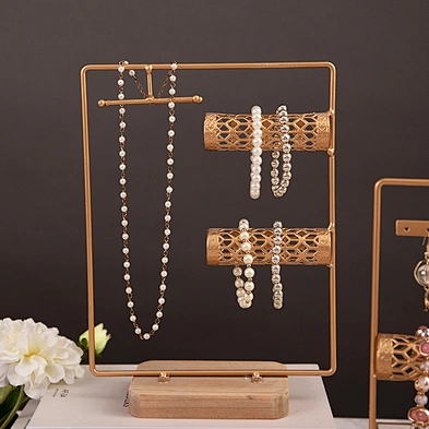 Customized 2-Tier T Shaped Jewelry Organizer Gold Metal Jewelry Necklace Bracelet Holder With Acrylic Tray