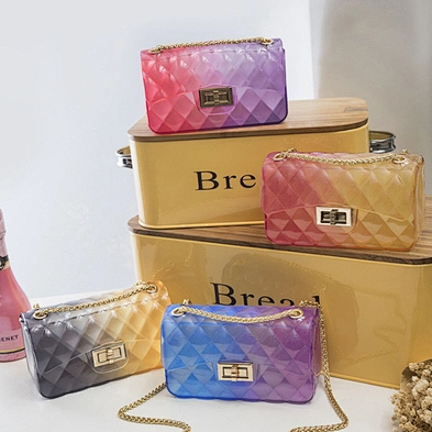 Fashion Custom Clear Transparent PVC Lingge Chain Jelly Handbags Lady Candy Color Gradient Designers Mini Handbags Women