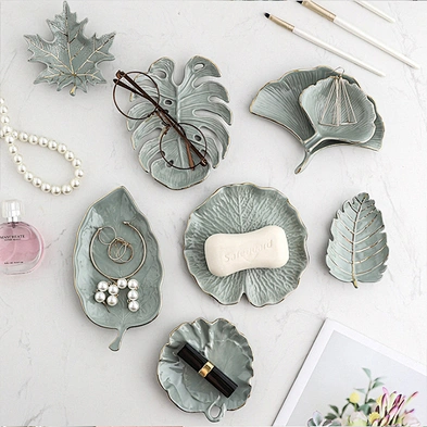 Nordic Light Luxury Leaf Jewelry Plate Tray Ring Earring Necklace  Storage Ceramic Trinket Jewelry Dish