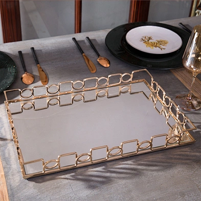 Gold Mirror Dessert Display Tray Perfume Dresser Vanity Tray Metal Decorative Makeup Tray