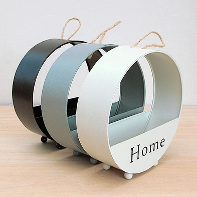 Home Decor Round Shape Wall Hanging Iron Artificial Flower Pot Planter Basket with Braided Rope Handles