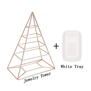 Rose Gold Jewelry Organizer Pyramid 4 Tier Jewelry Tower Decorative Metal Jewelry Holder Display With White Tray