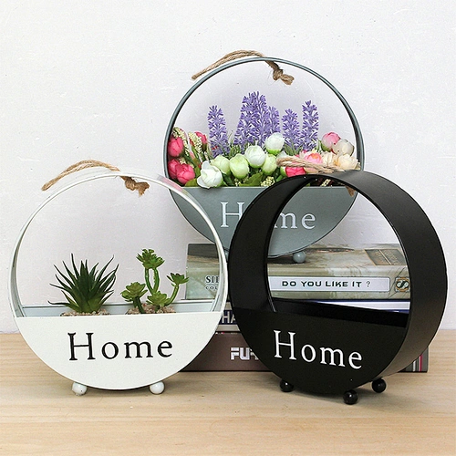 Home Decor Round Shape Wall Hanging Iron Artificial Flower Pot Planter Basket with Braided Rope Handles