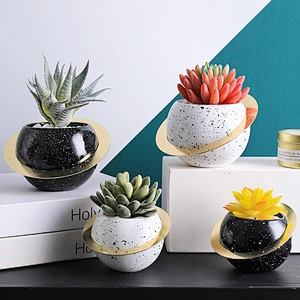 In Stock Gold Plated Iron Ceramic Flower Pot Star Ring Flower Pot Fleshy Ceramic Flower Pot