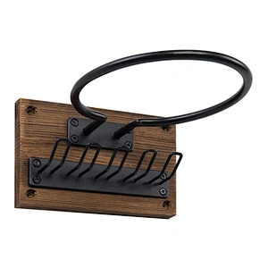Wall Mounted Rustic Burnt Wood Black Metal Sports Ball Holder Display Rack with 5 Equipment Hanger Hooks