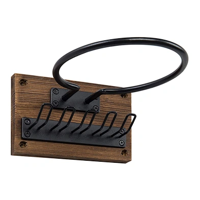 Wall Mounted Rustic Burnt Wood Black Metal Sports Ball Holder Display Rack with 5 Equipment Hanger Hooks
